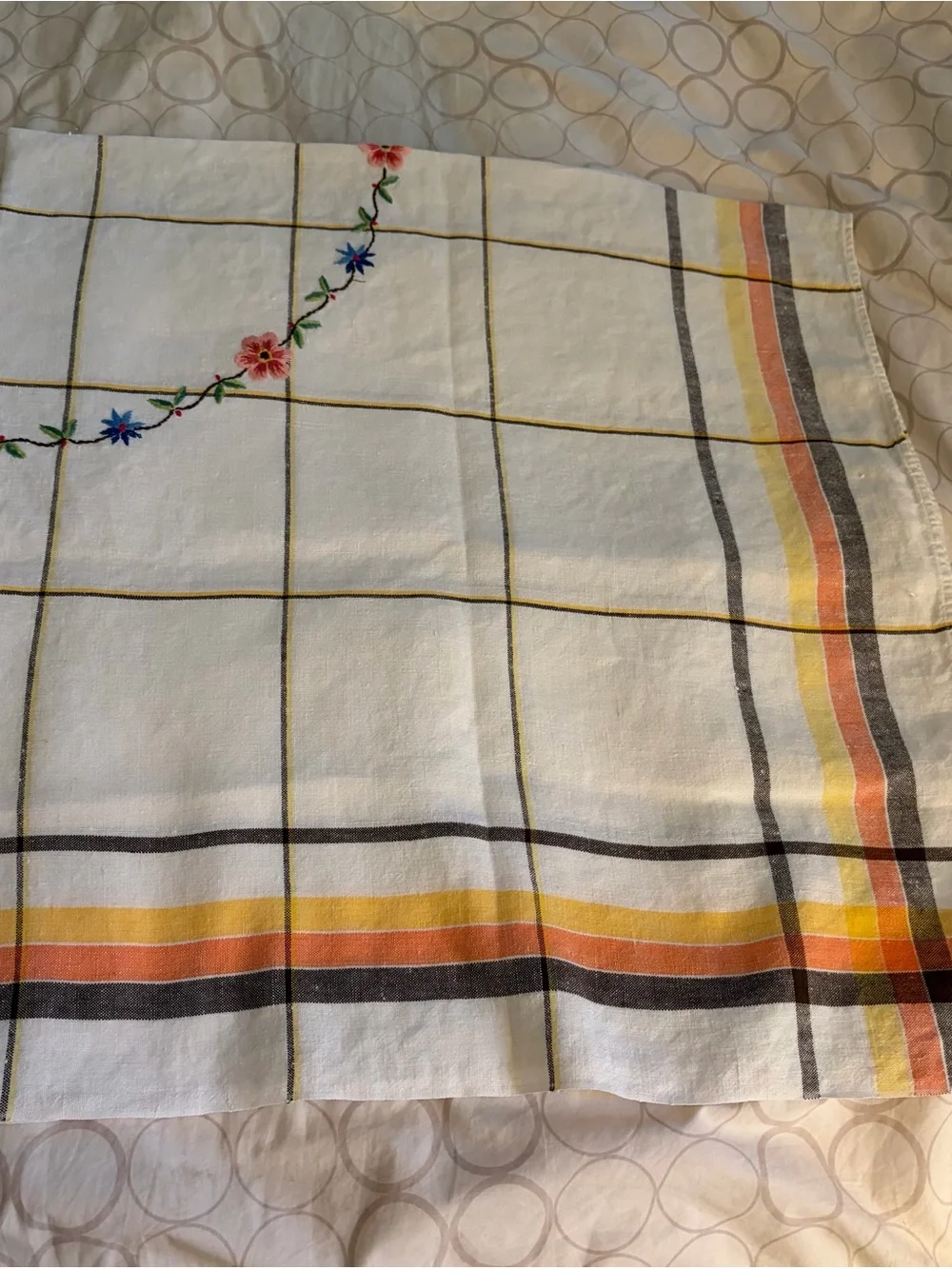 Embroidered Floral Check Tablecloth - White with Pink & Blue. 46 1/2 x 48.